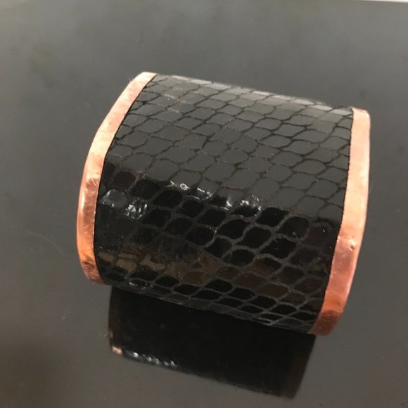 Genuine Leather Mermaid Scales Black Pure Copper Cuff Bracelet Handmade Custom - Picture 2 of 6